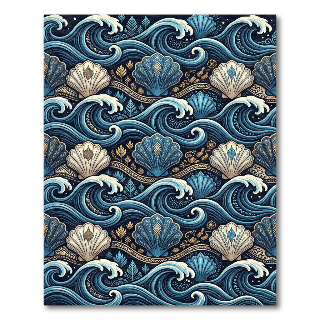 Blue Golden Seashell Wave Tapestry Rug
