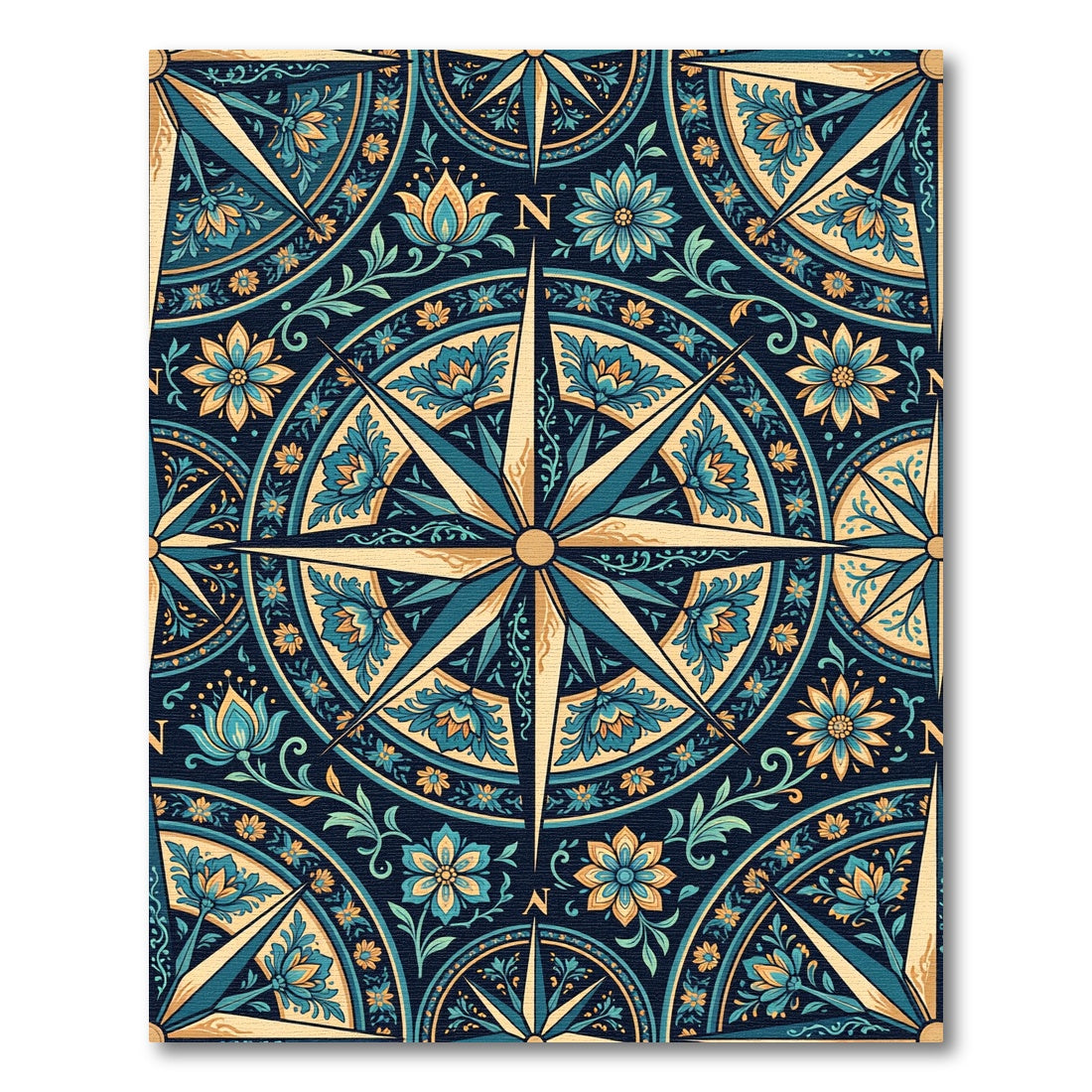 Midnight Teal Celestial Compass Floral Overlay Rug