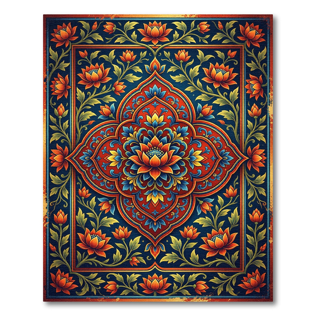 Vibrant Azure Golden Lotus Medallion Rug