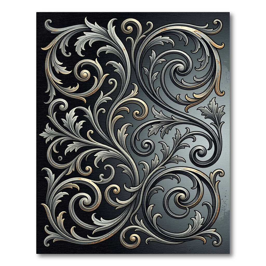 Ornate Metallic Silver Scrollwork Rug