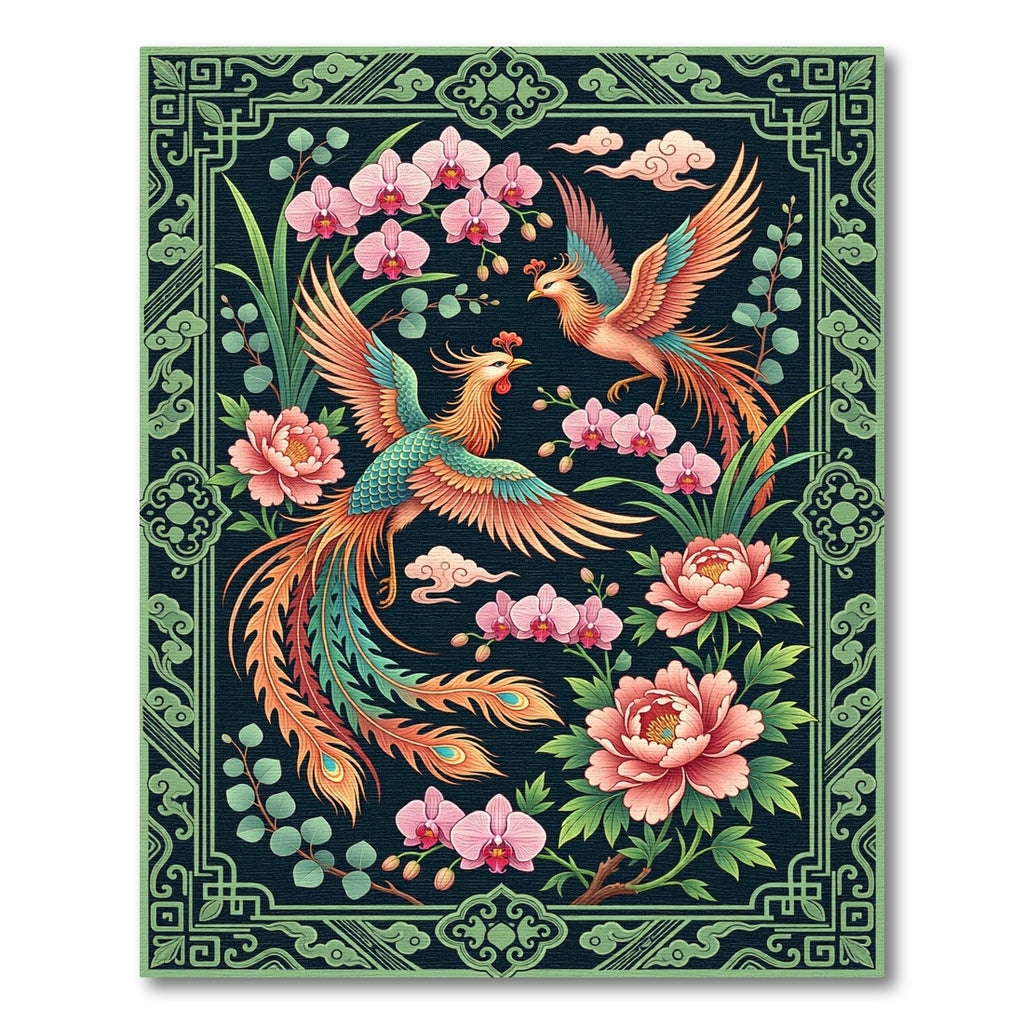 Ornate Phoenix Peony Floral Jade Border Rug