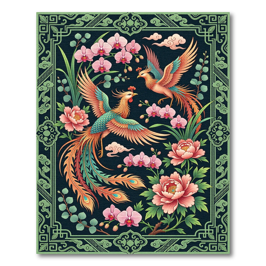 Ornate Phoenix Peony Floral Jade Border Rug