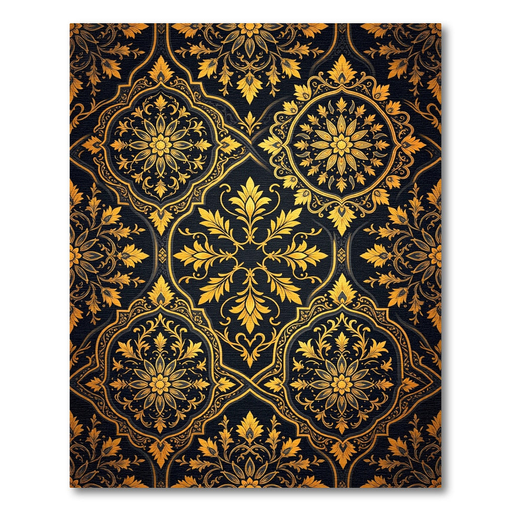 Elegant Gold Foliage Midnight Damask Rug
