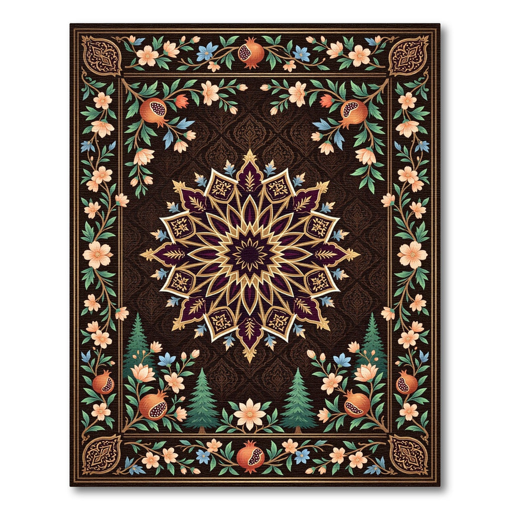 Dark Floral Pomegranate Medallion Accent Rug