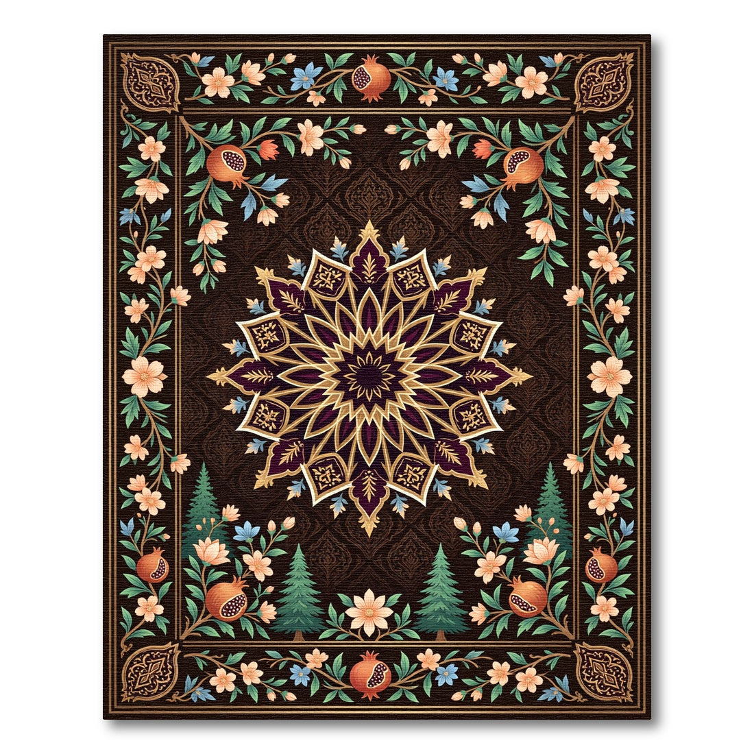 Dark Floral Pomegranate Medallion Accent Rug
