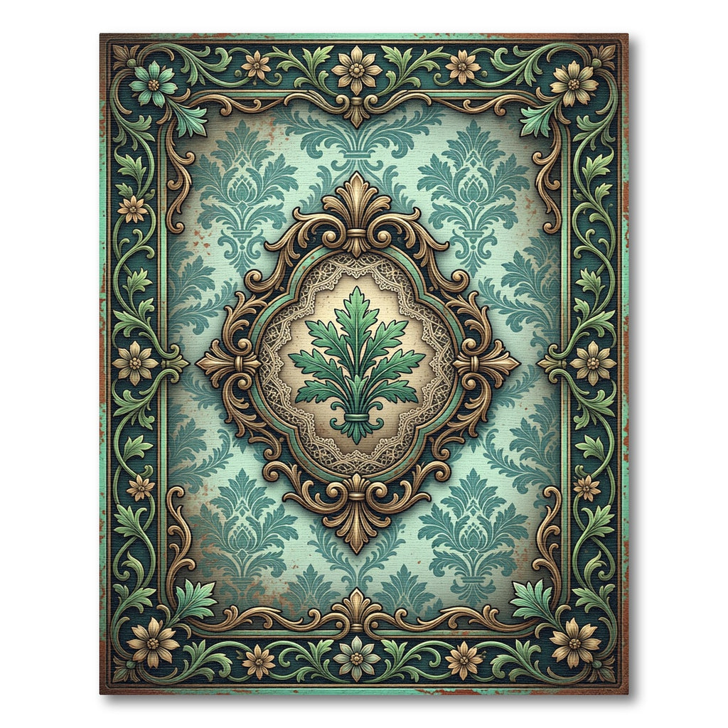 Ornate Sage Green Faux Antique Medallion Rug