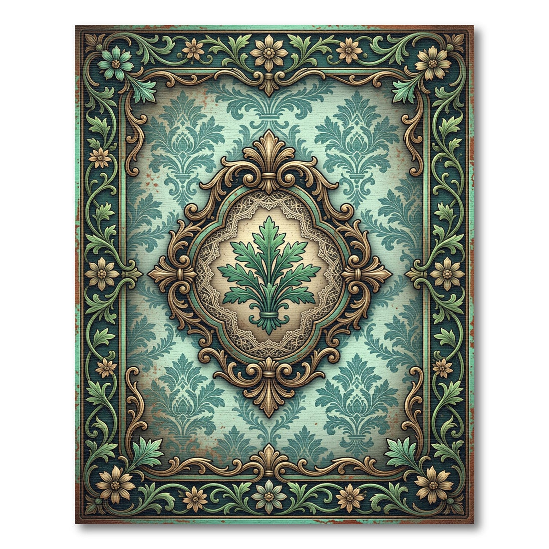 Ornate Sage Green Faux Antique Medallion Rug