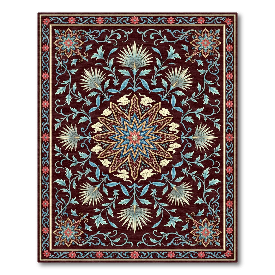 Elegant Burgundy Floral Star Medallion Rug