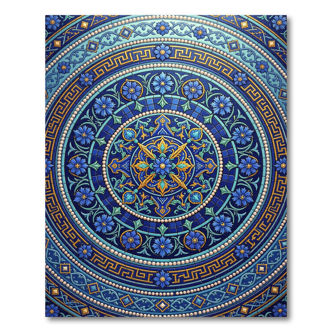 Deep Blue Golden Floral Circular Medallion Rug