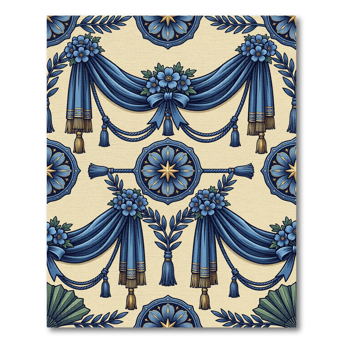 Regal Blue Floral Swag Tassel Medallion Rug