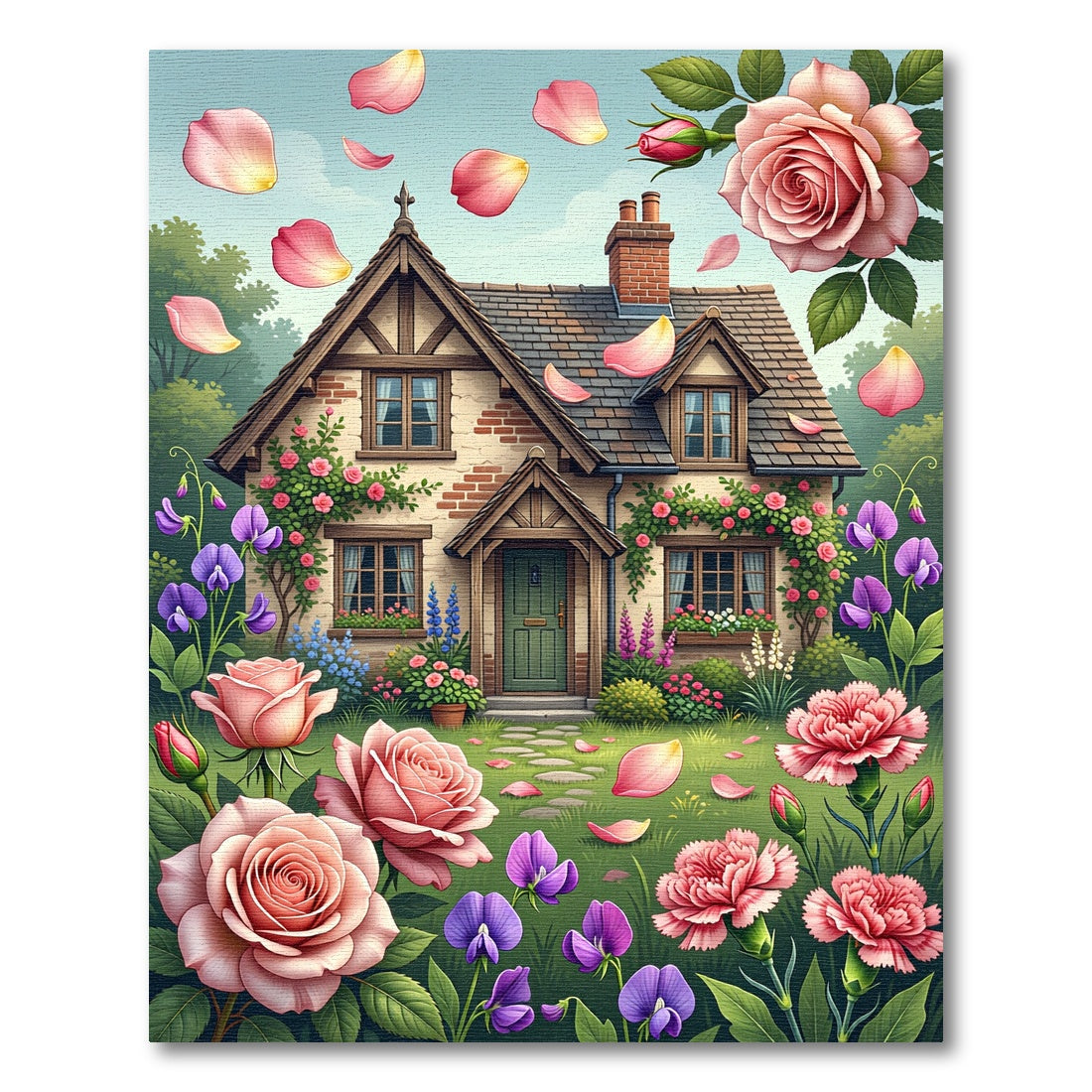 English Cottage Rose Garden Scene Rug