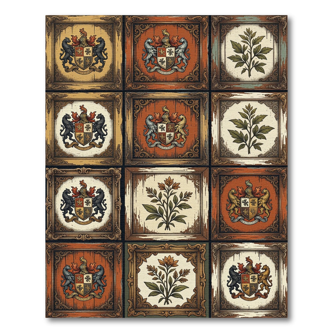 Ornate Heraldic Crest Earthy Tone Tile Rug