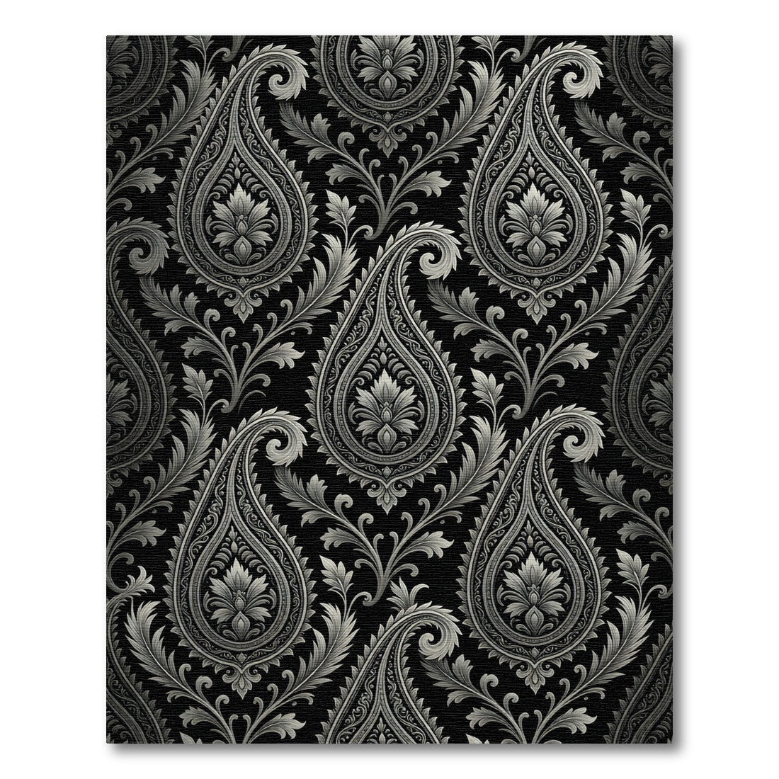 Black and Silver Paisley Floral Art Rug