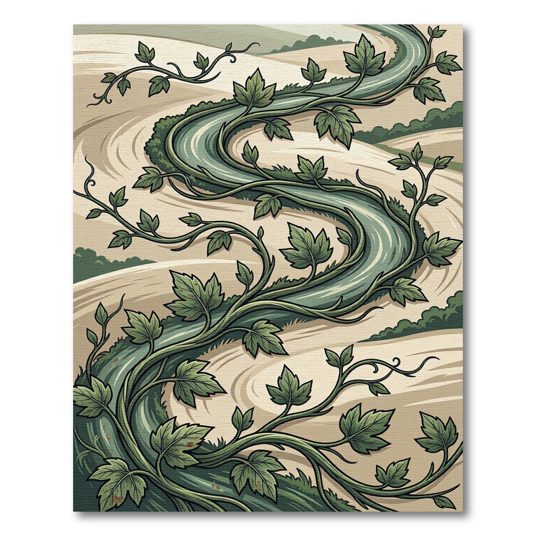 Sage Green Whimsical Botanical Vine Swirl Rug