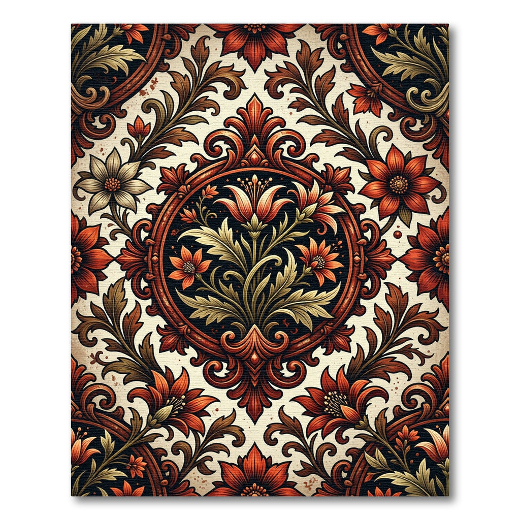 Ornate Red Floral Scrollwork Composition Rug