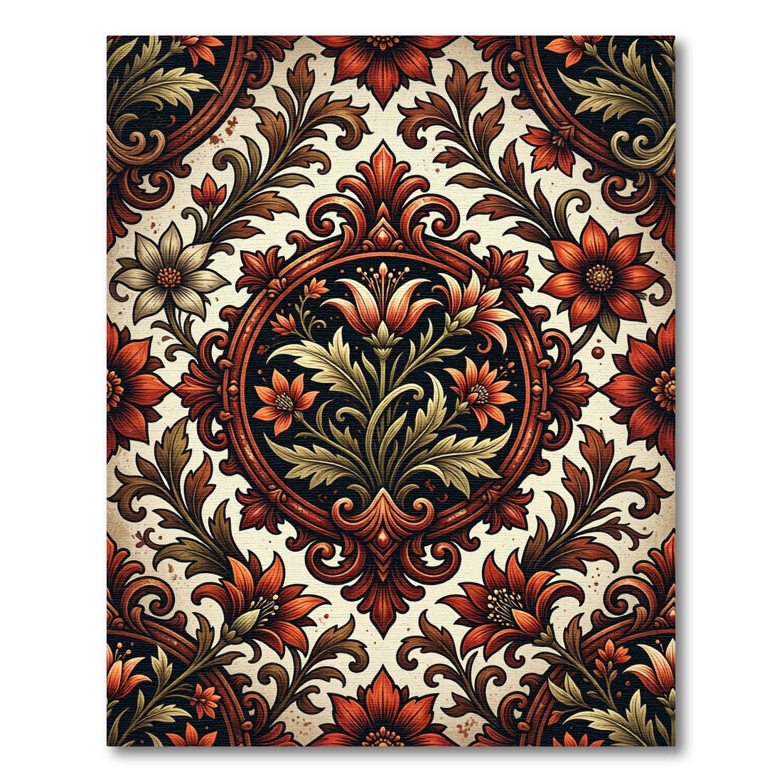 Ornate Red Floral Scrollwork Composition Rug