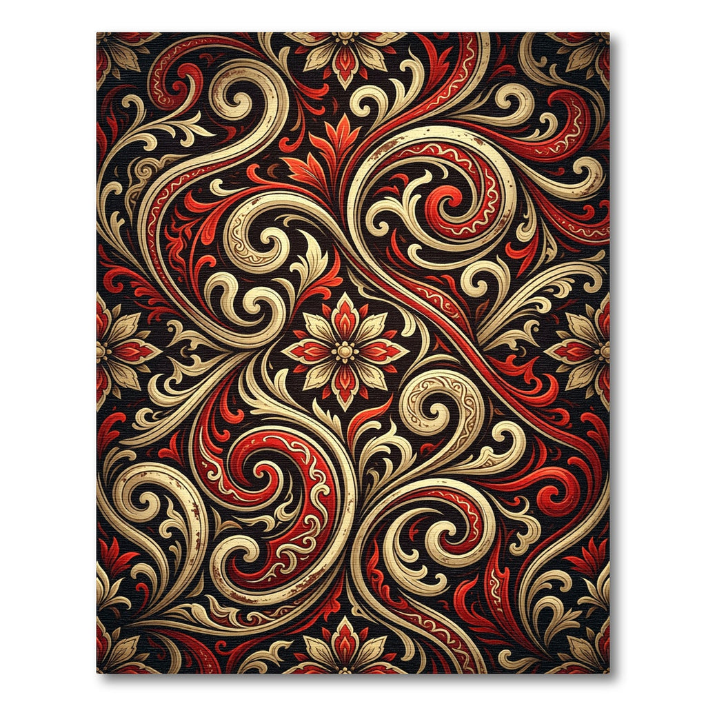 Elegant Crimson and Gold Floral Swirl Rug
