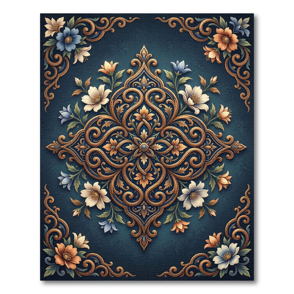 Ornate Teal Golden Floral Medallion Rug