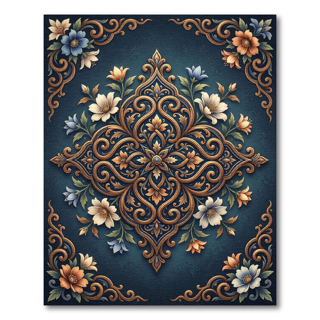 Ornate Teal Golden Floral Medallion Rug