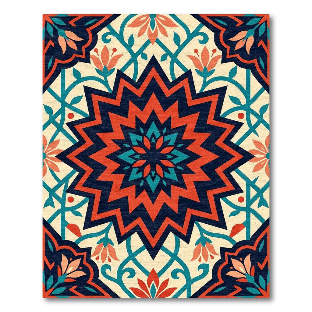 Bold Geometric Orange Teal Floral Medallion Rug