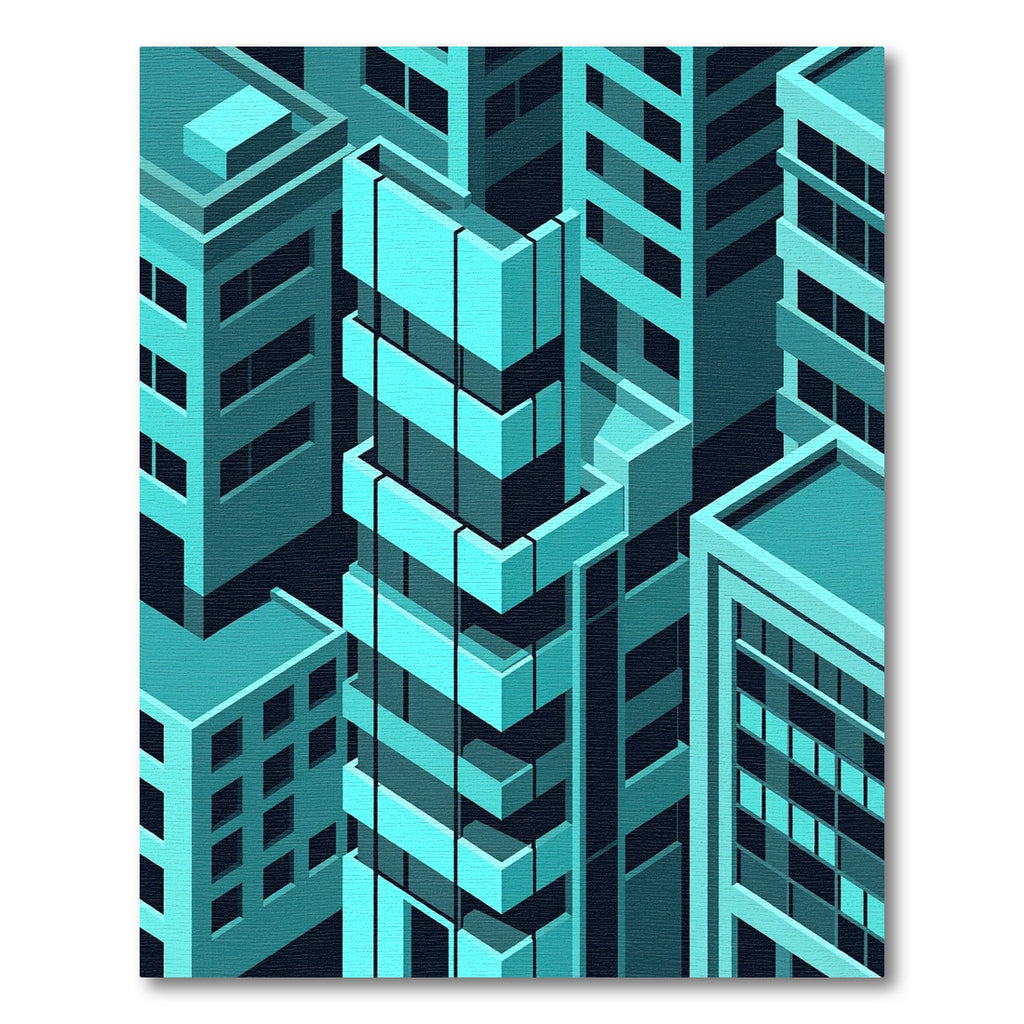 Modern Teal Isometric Urban Skyline Rug