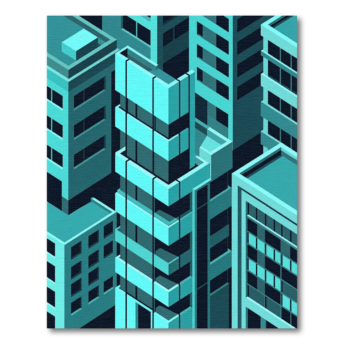 Modern Teal Isometric Urban Skyline Rug