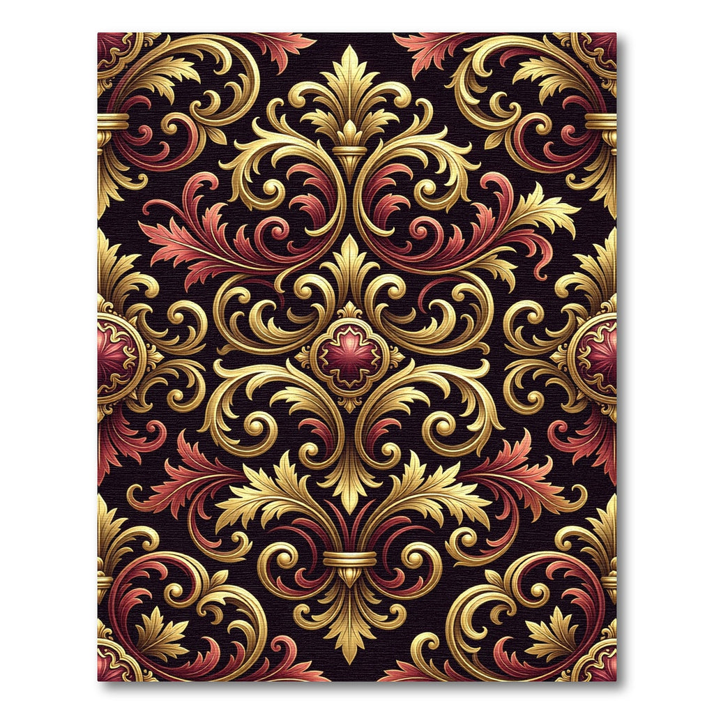 Ornate Golden Baroque Crimson Damask Rug