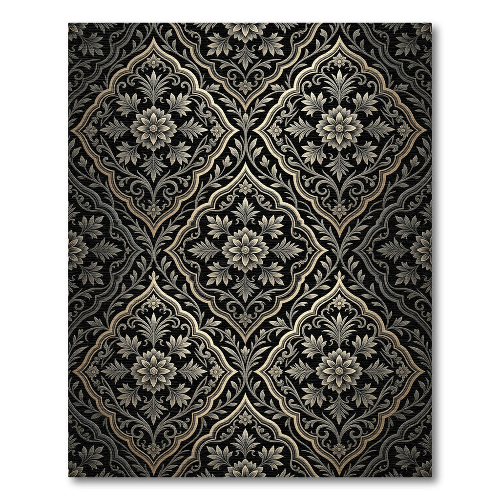 Elaborate Black Gold Floral Arabesque Rug