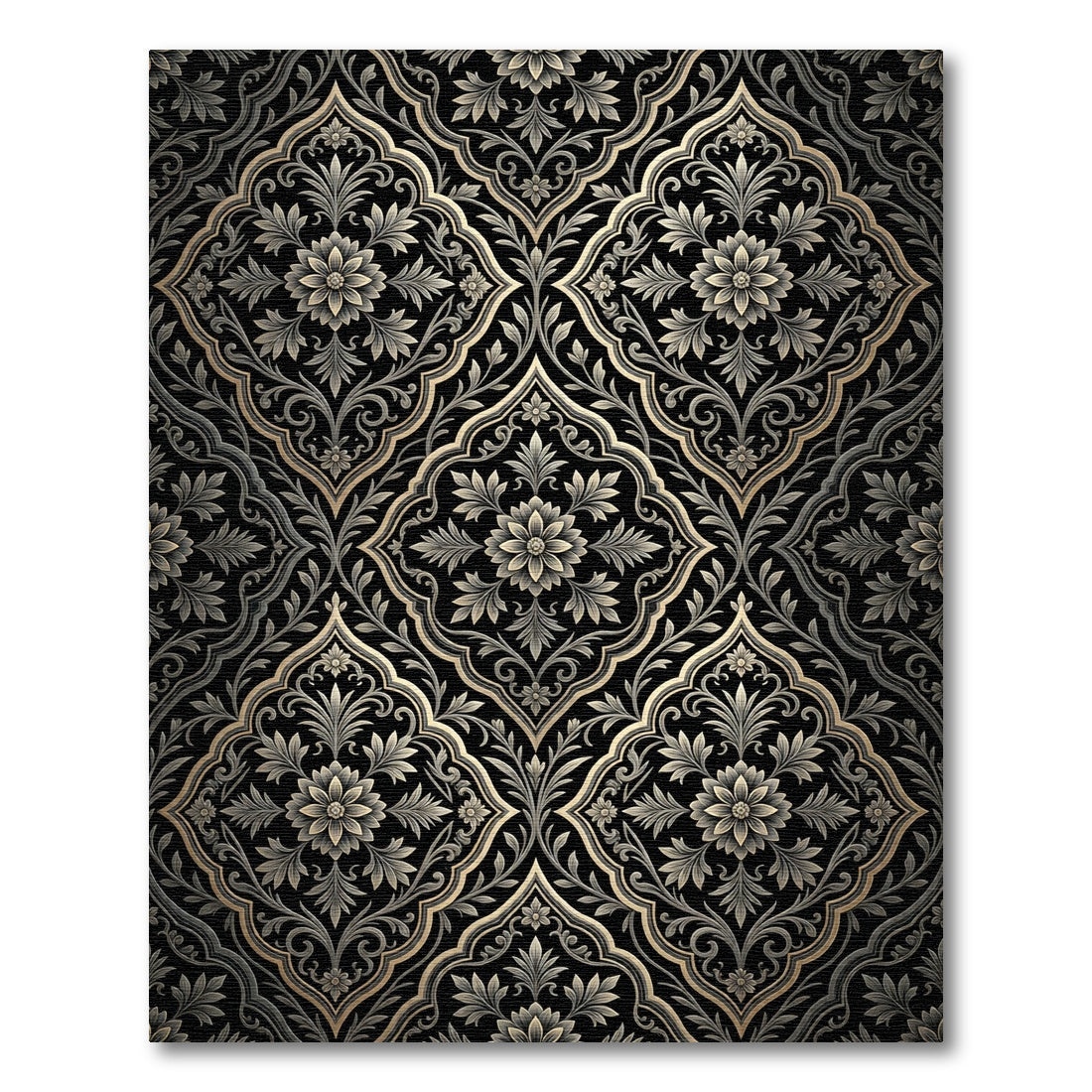 Elaborate Black Gold Floral Arabesque Rug