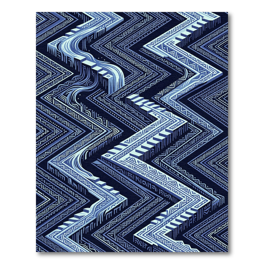 Deep Blue Geometric Staircase Zigzag Rug