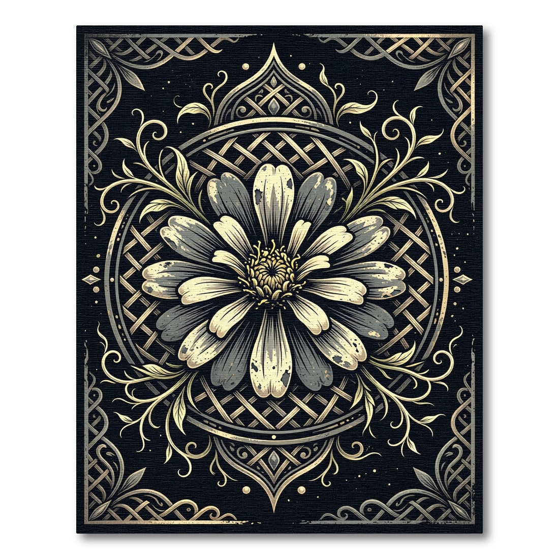 Elegant Monochrome Floral Circular Lattice Rug