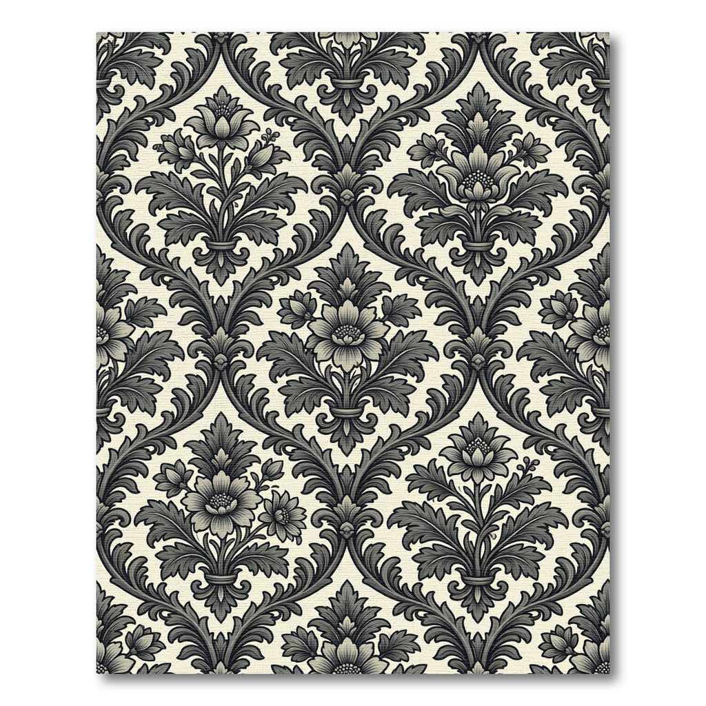 Elegant Charcoal Damask Scroll Flourish Rug
