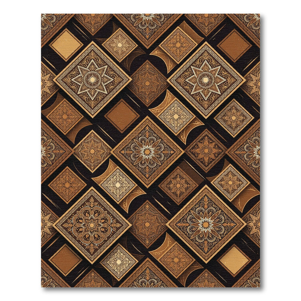 Golden Brown Intricate Medallion Squares Rug