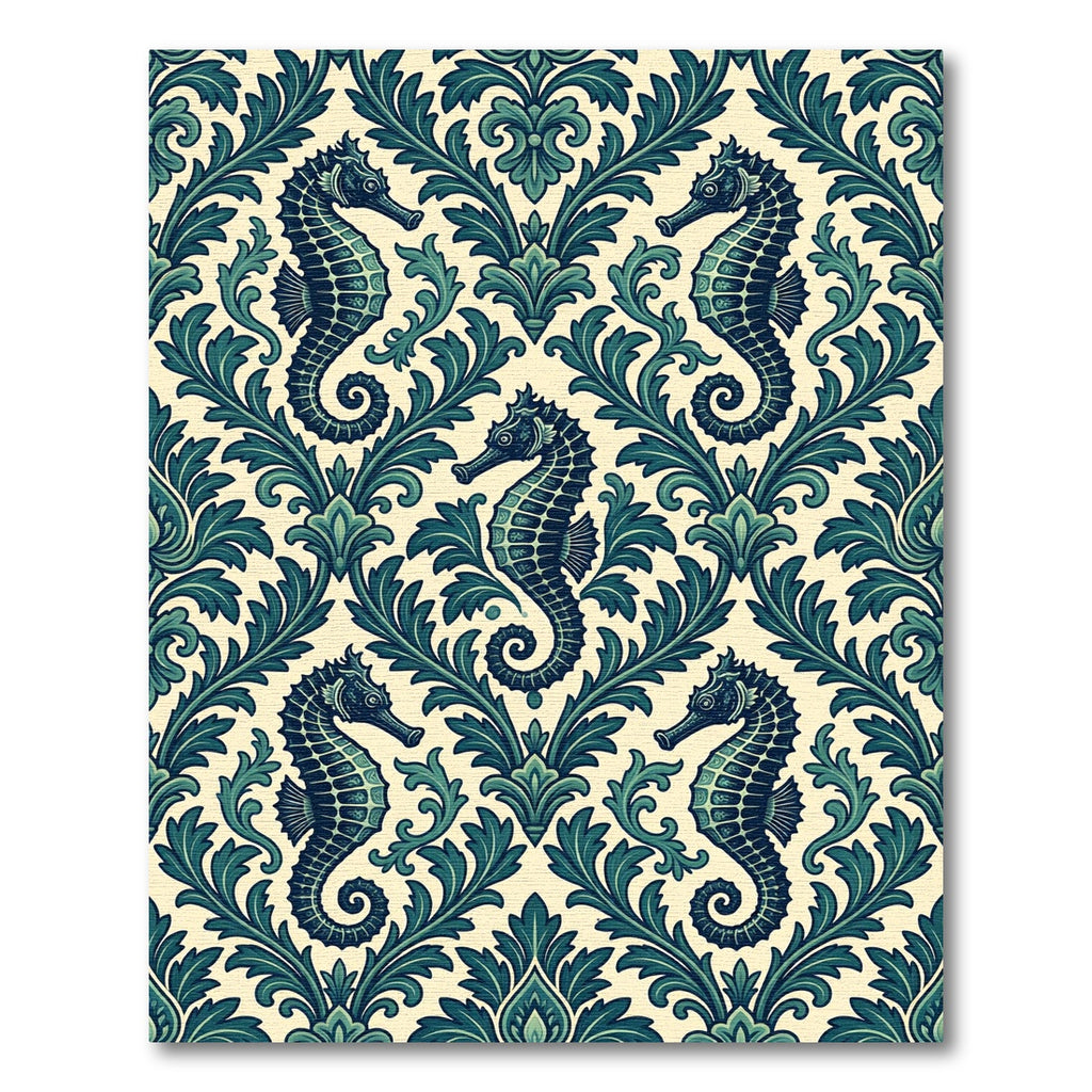 Elegant Teal Seahorse Damask Ocean Wallpaper Rug