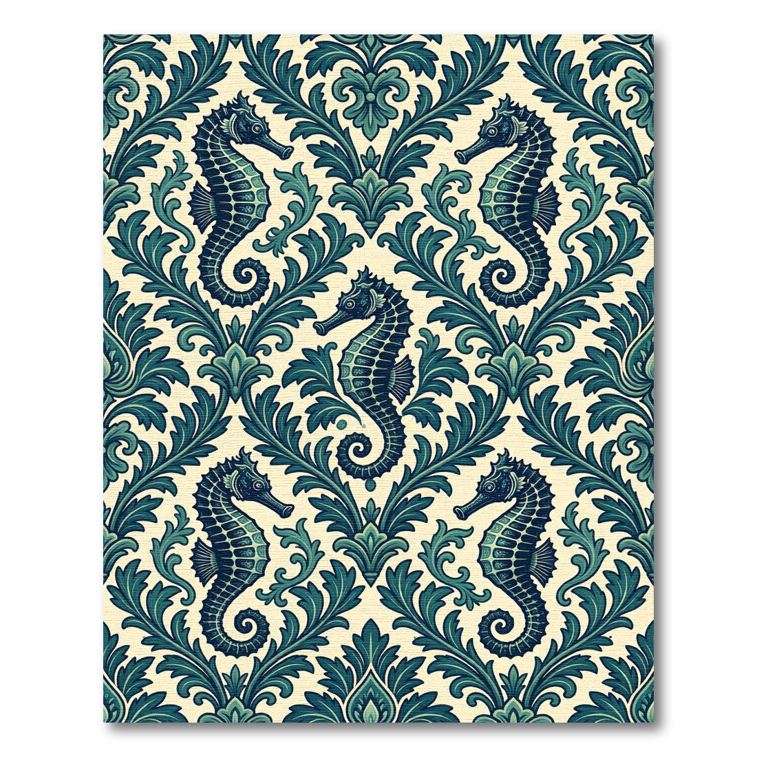 Elegant Teal Seahorse Damask Ocean Wallpaper Rug