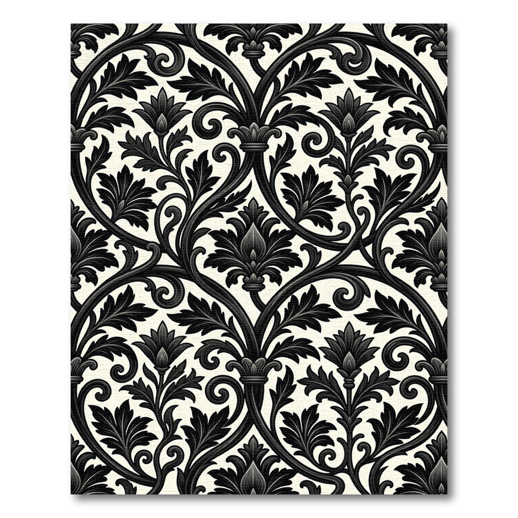 Black White Damask Acanthus Floral Scroll Rug