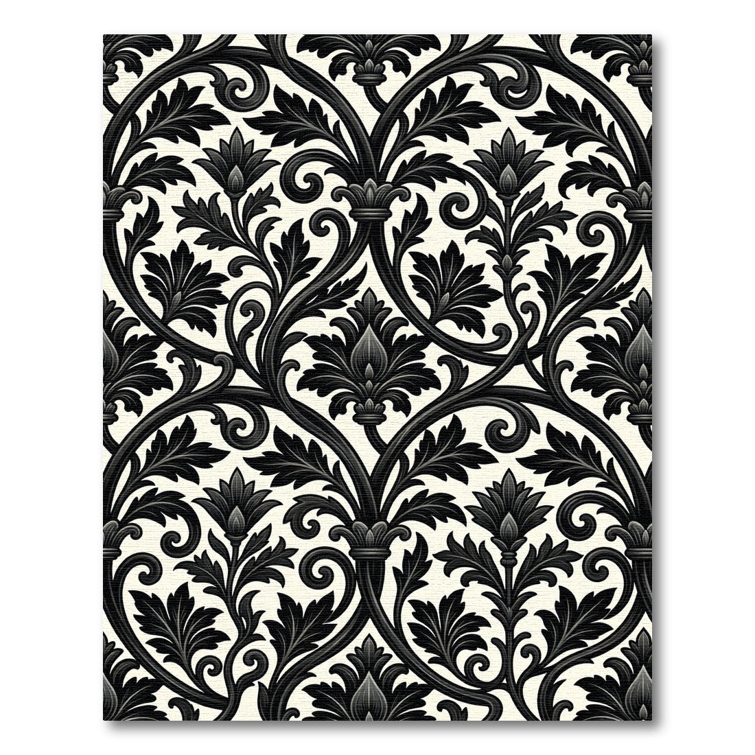 Black White Damask Acanthus Floral Scroll Rug