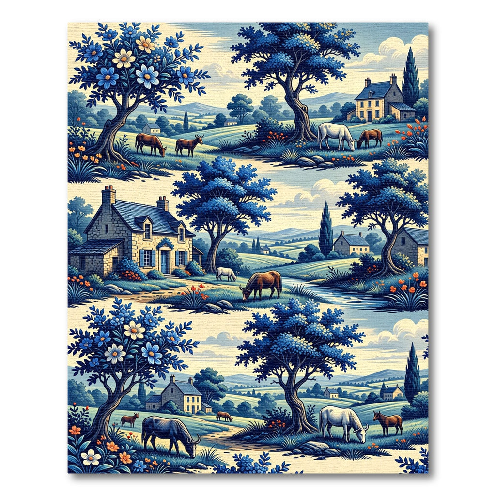 Blue Meadow Landscape Toile Country Scene Rug