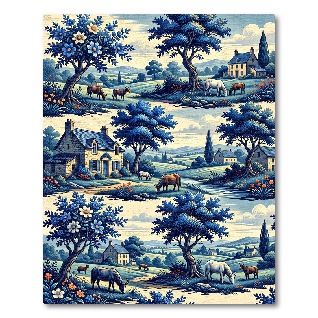 Blue Meadow Landscape Toile Country Scene Rug