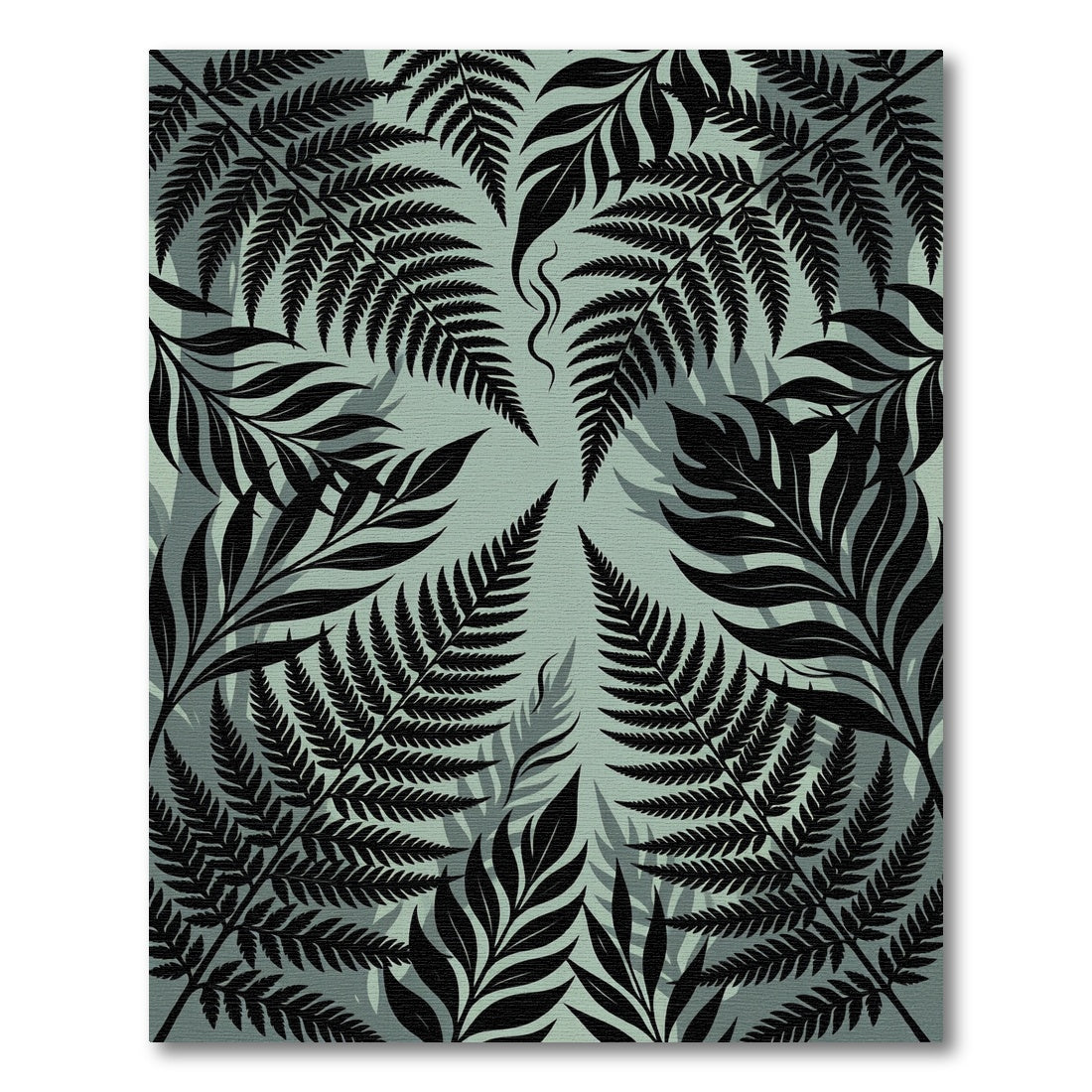 Lush Black Tropical Fern Foliage Rug