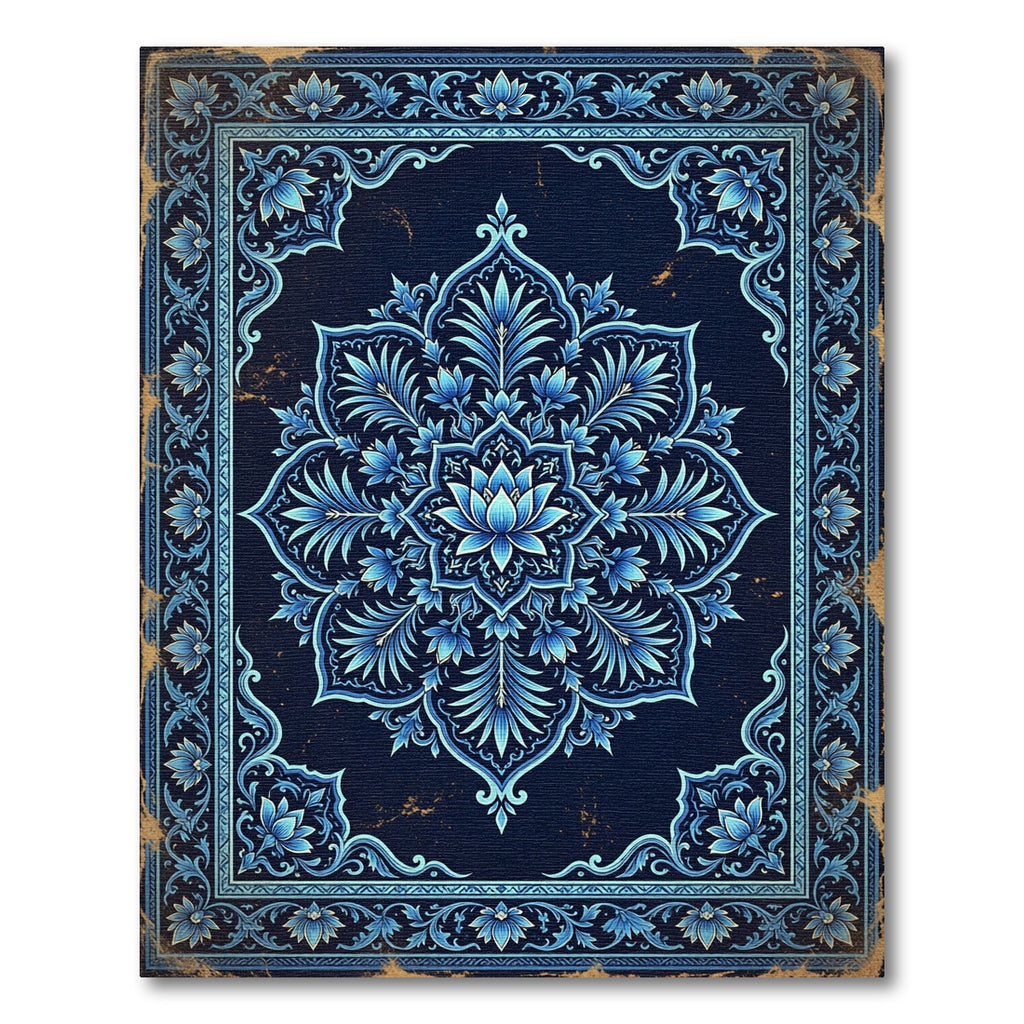 Ornate Navy Lotus Bloom Medallion Rug