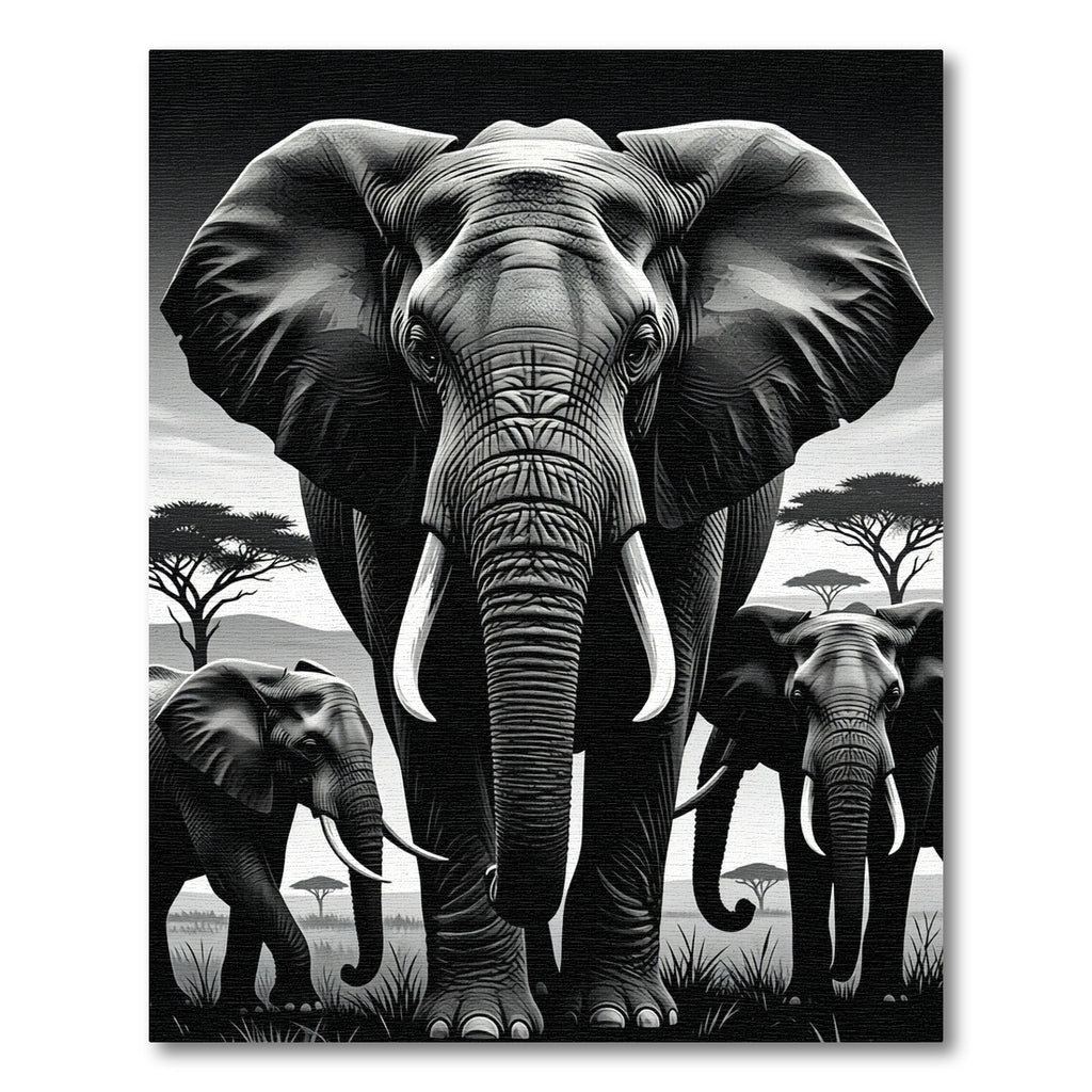 Black and White Majestic Elephant Herd Rug