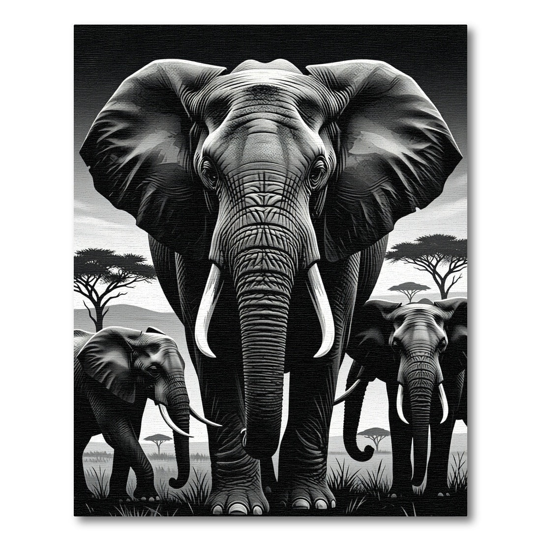 Black and White Majestic Elephant Herd Rug