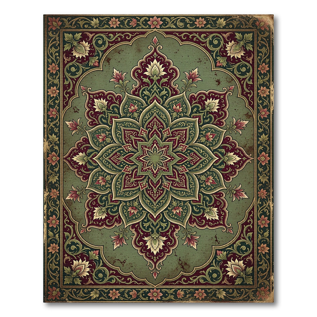 Ornate Sage and Maroon Floral Medallion Rug