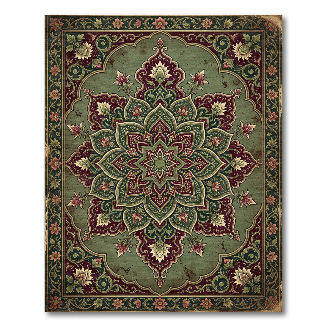 Ornate Sage and Maroon Floral Medallion Rug