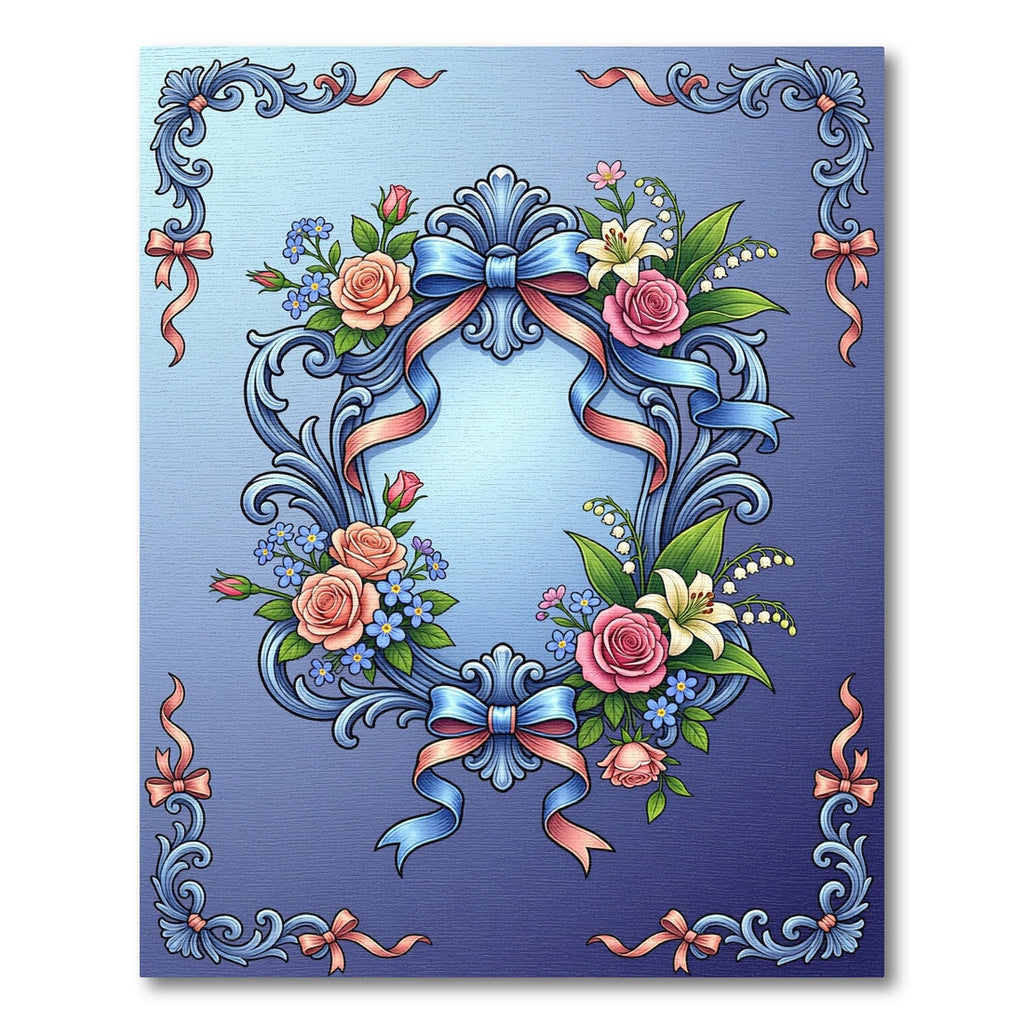 Ornate Blue Floral Ribbon Frame Rug