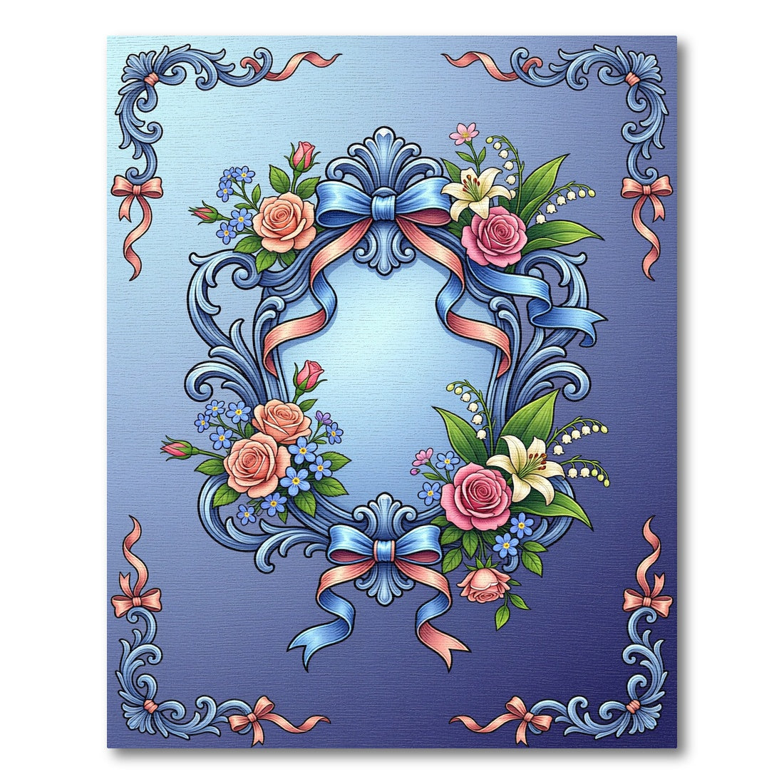 Ornate Blue Floral Ribbon Frame Rug