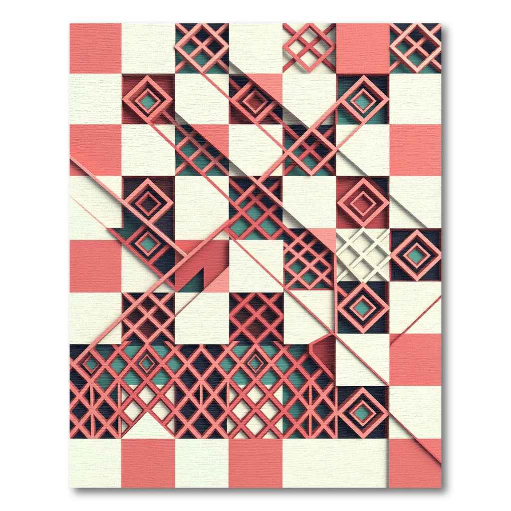 Geometric Coral and Teal Lattice Rug