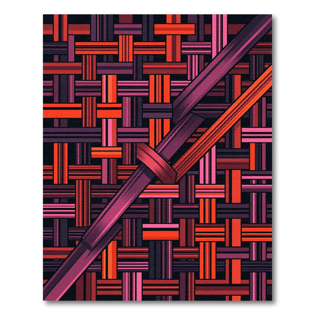 Vibrant Crimson Interlaced Geometric Linear Art Rug