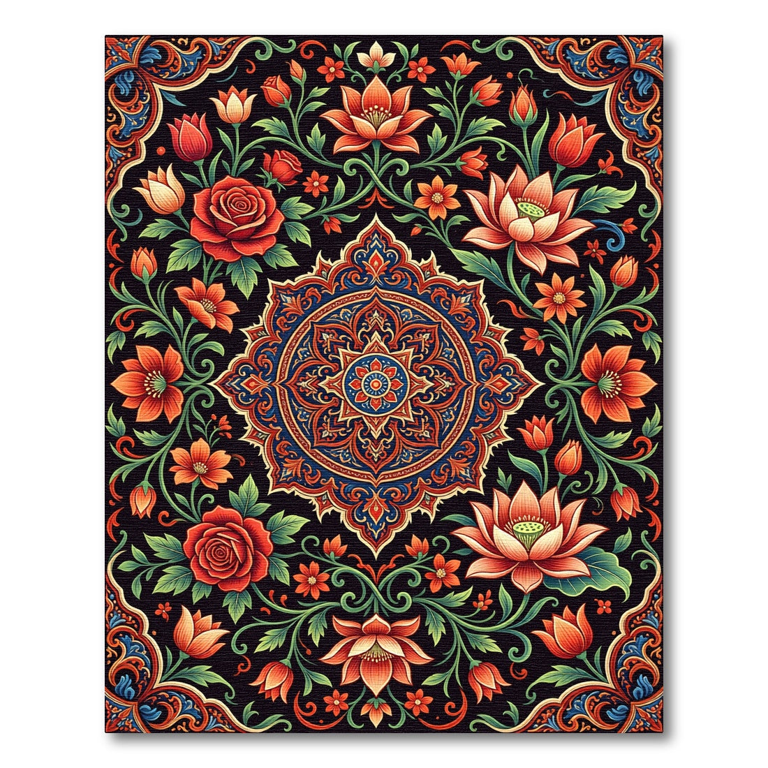 Vibrant Crimson Floral Mandala Medallion Rug